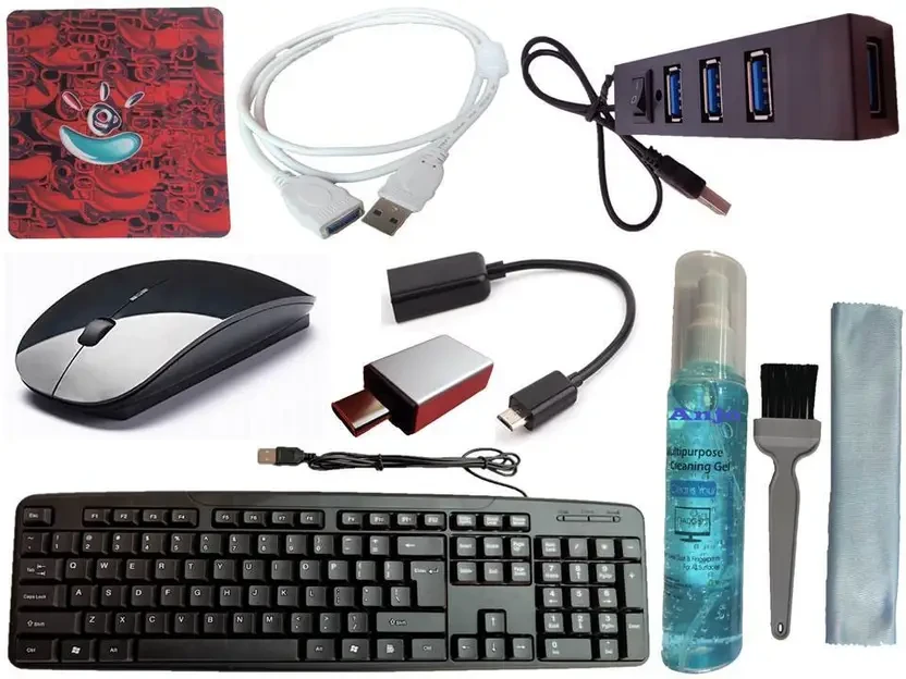 Wired Keyboard-Wireless Mouse-Pad-Hub 2.0-3in1 Cleaner-OTG C&M-Ext Cable 1.5m Combo Set  (Black)