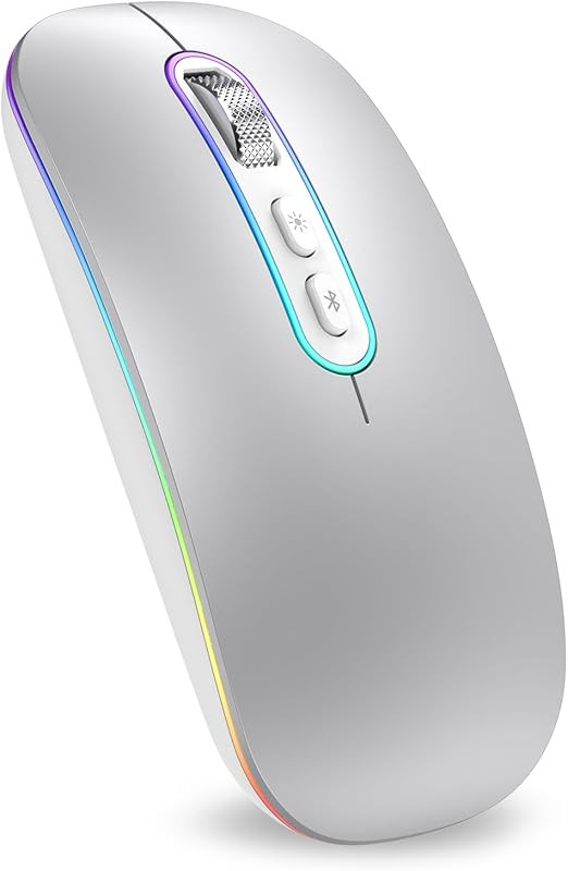 Dual Mode (BT 5.1+2.4G) Wireless Mouse for Laptop, 1200 DPI Portable Lightweight Rechargeable Mouse with LED Lights, Compatible with Mac OS/Windows/Chrome OS - Silver