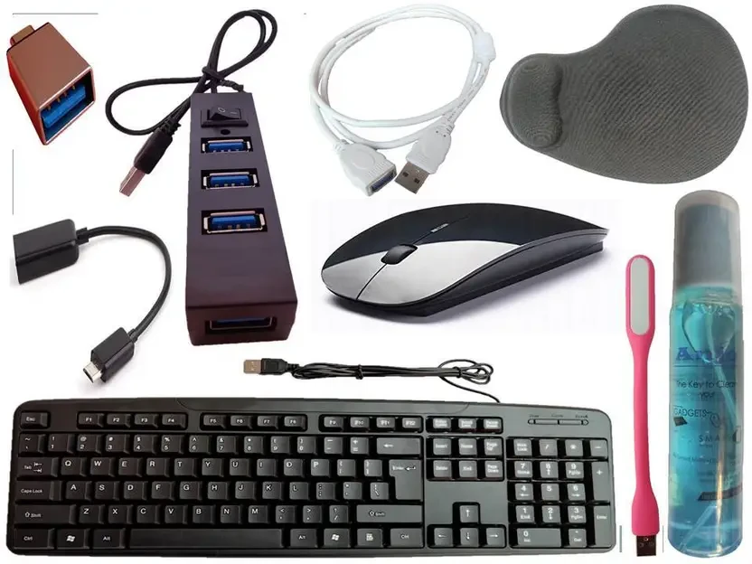 Wired Keyboard-Wireless Mouse-Wrist Pad-Hub 2.0-Cleaner-OTG C&M-Ext Cable-LED Combo Set  (Black)
