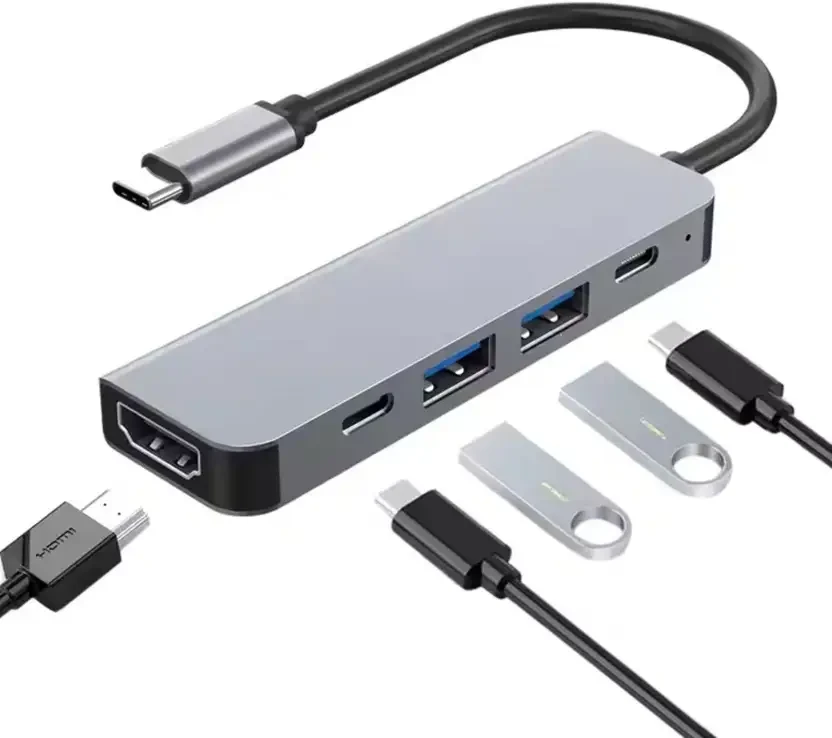 5-in-1 Type-C Hub to HDMI 4K@30Hz, Type C 2.0, USB 2.0, USB 3.0 Data 100W PD with 1000M Ethernet RJ45,MultiPort Adapter for MacBook Pro Air iPad, USB Hub  (5-in-1 Type-C)